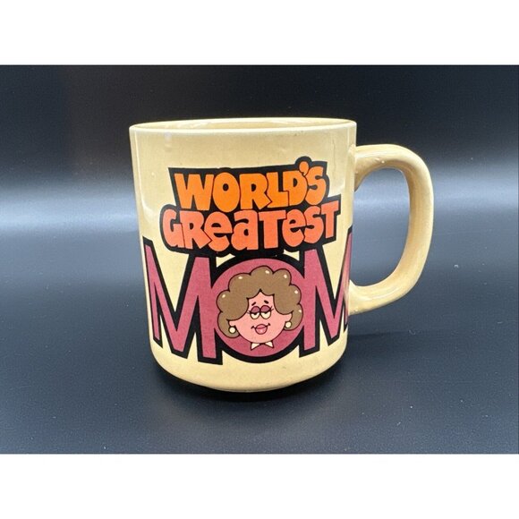 Vintage 1983 Worlds Greatest Mom Yellow Coffee Cup Mothers Day Birthday Gift - Picture 1 of 9